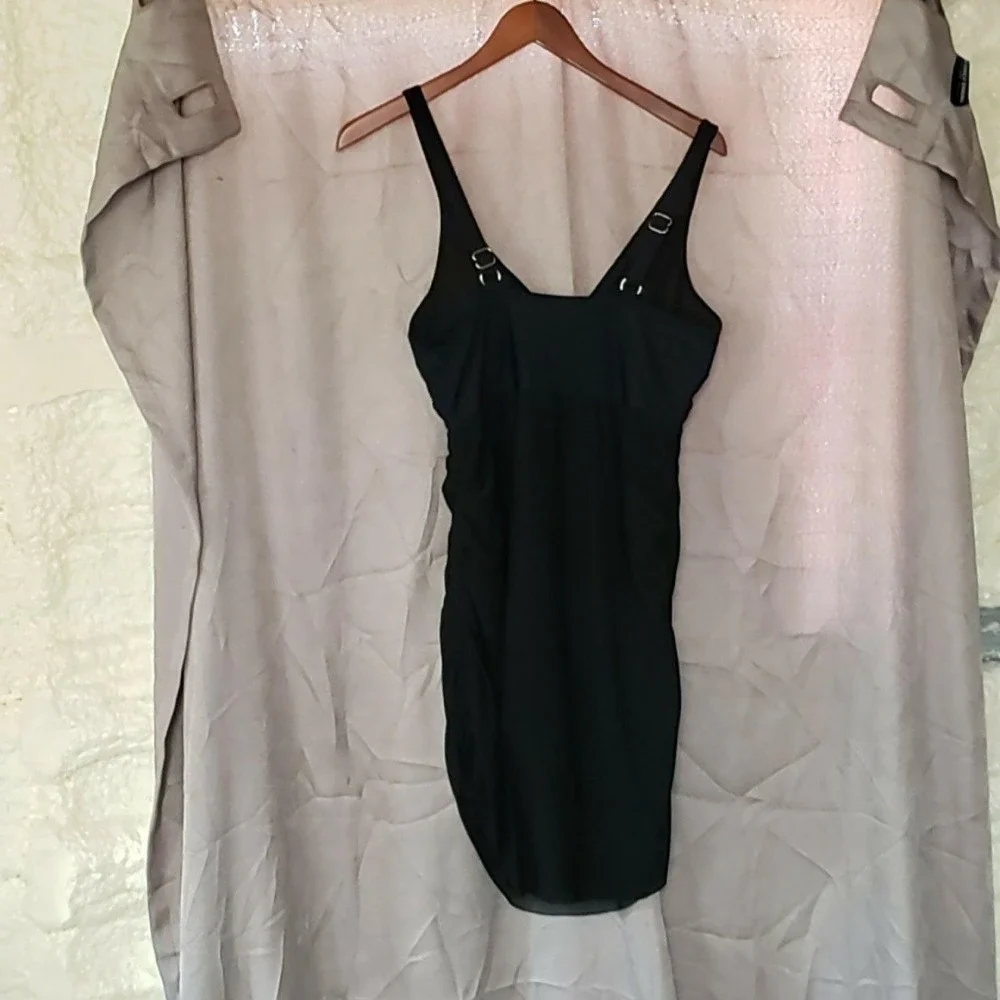 B Swimdress Womens L Black Solid Adjustable Strap Drawstring Stretch Ruched